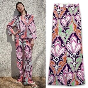 NWT ZARA Linen-Cotton Art Deco Paisley‎ Wide Leg High Rise Boho Palazzo Pants XS